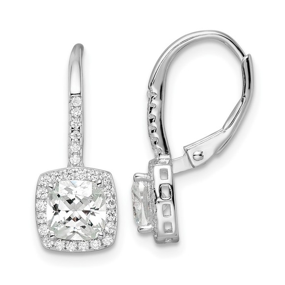 Sterling Silver RH-plated Polished Princess Cut CZ Halo Leverback Earrings - Picture 1 of 4